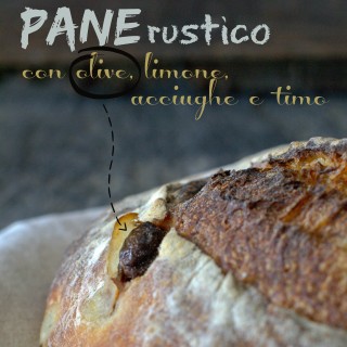 Pane rustico con olive, limone, acciughe e timo